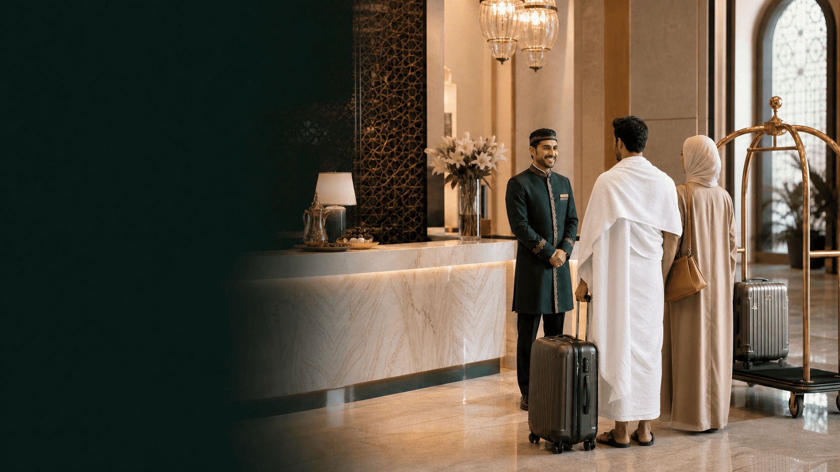 Hospitality host welcoming pilgrims in Ihram in a premium hotel lobby