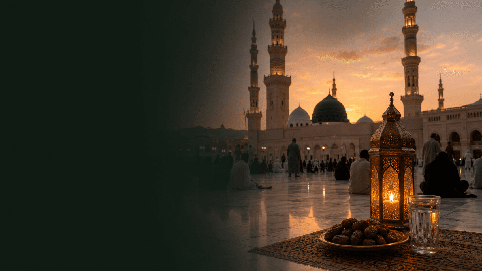 Ramadan Umrah atmosphere with lanterns and pilgrims at sunset