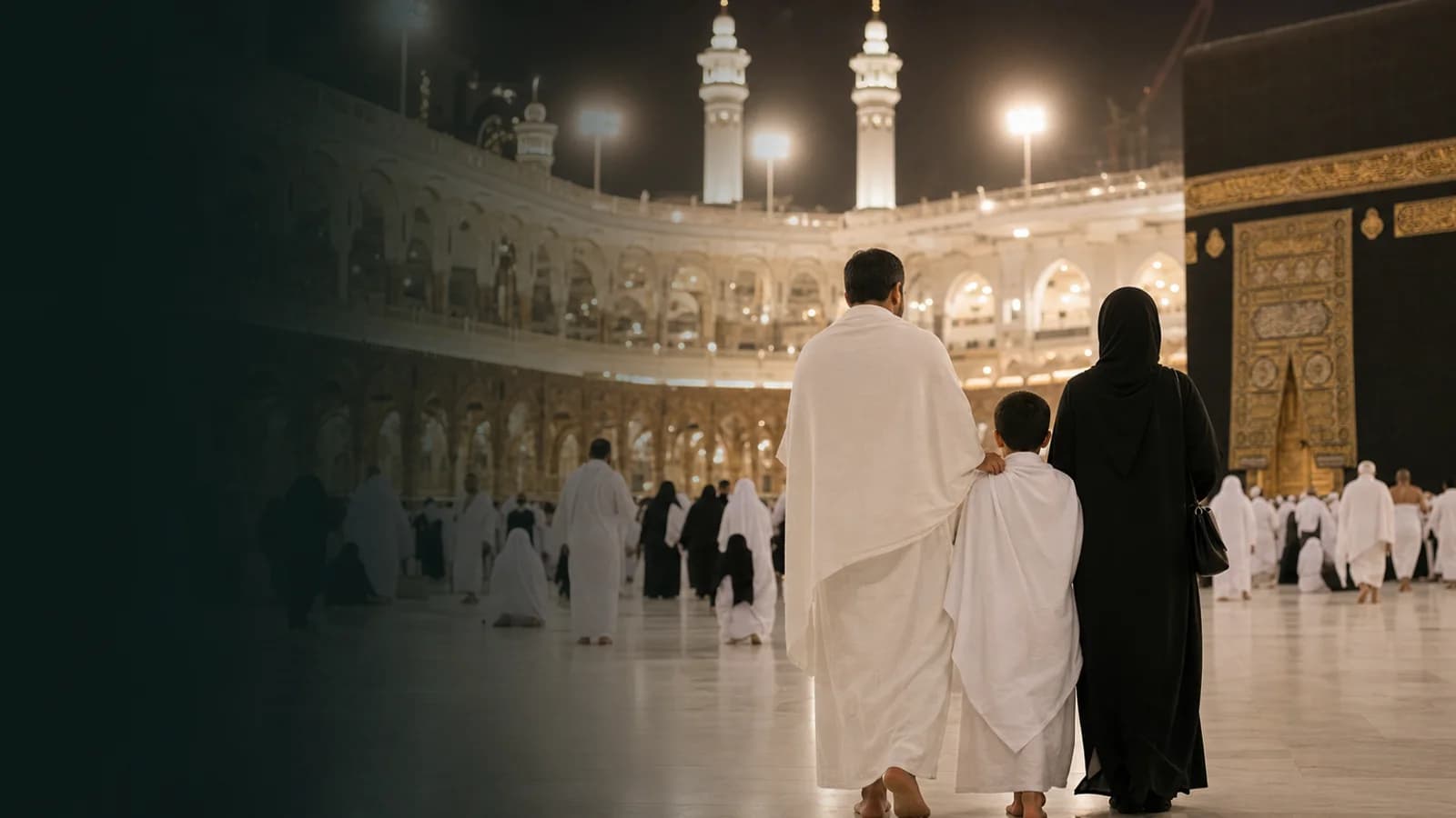 Private Umrah journey scene at Masjid al-Haram with family pilgrims