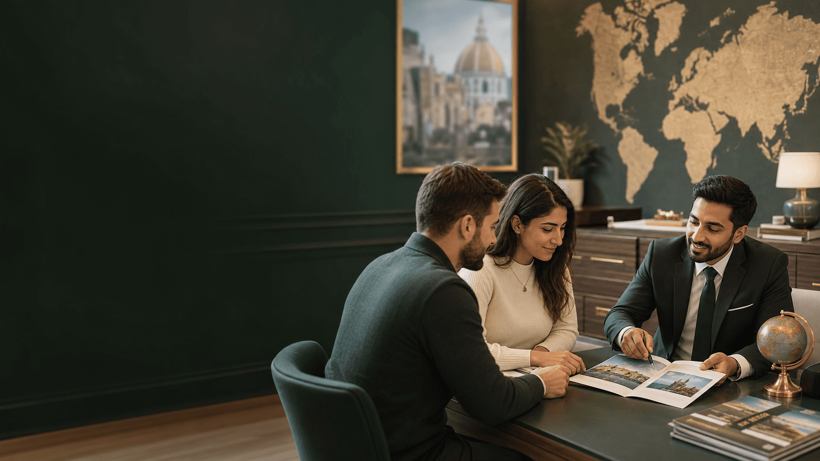 Travel consultants reviewing an itinerary with customers