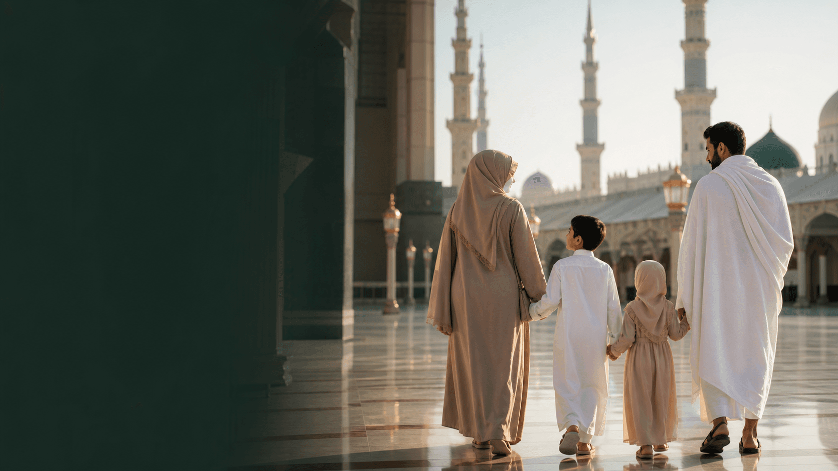 Family pilgrims walking together through a mosque courtyard