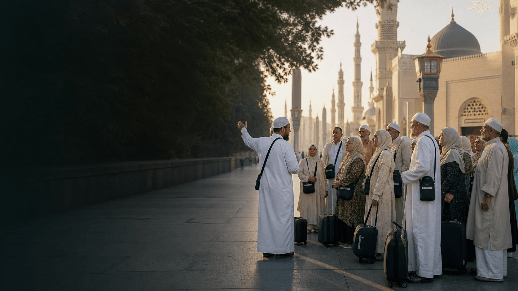 Group Umrah pilgrims receiving guidance before travel