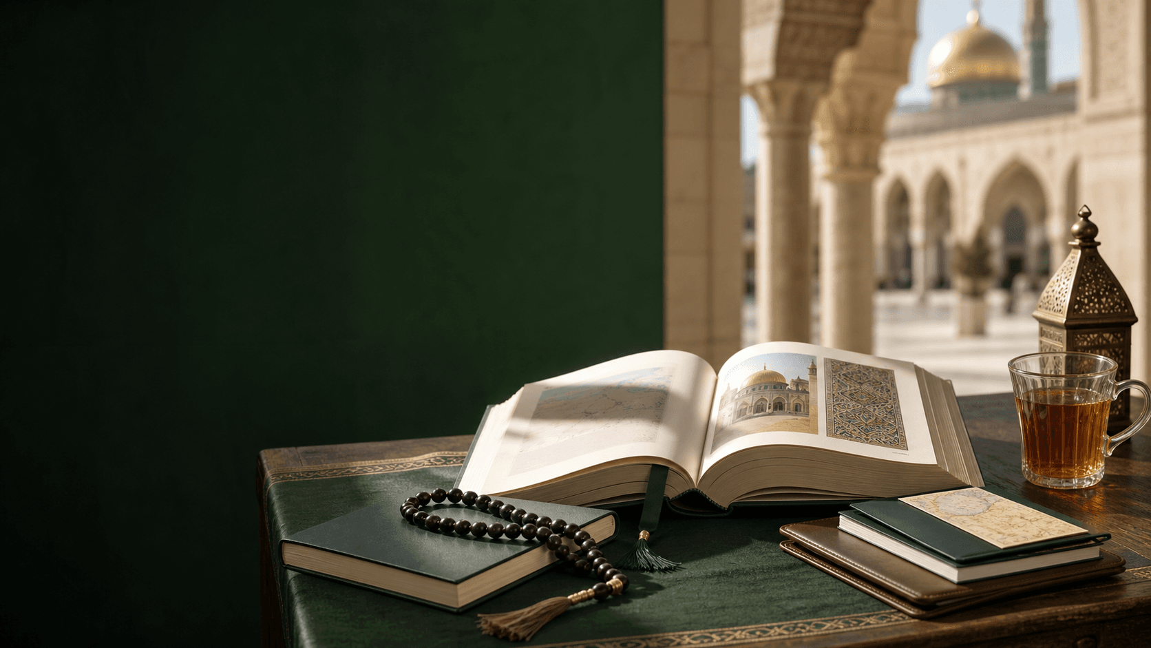 Travel guidance books and documents arranged on a quiet reading table
