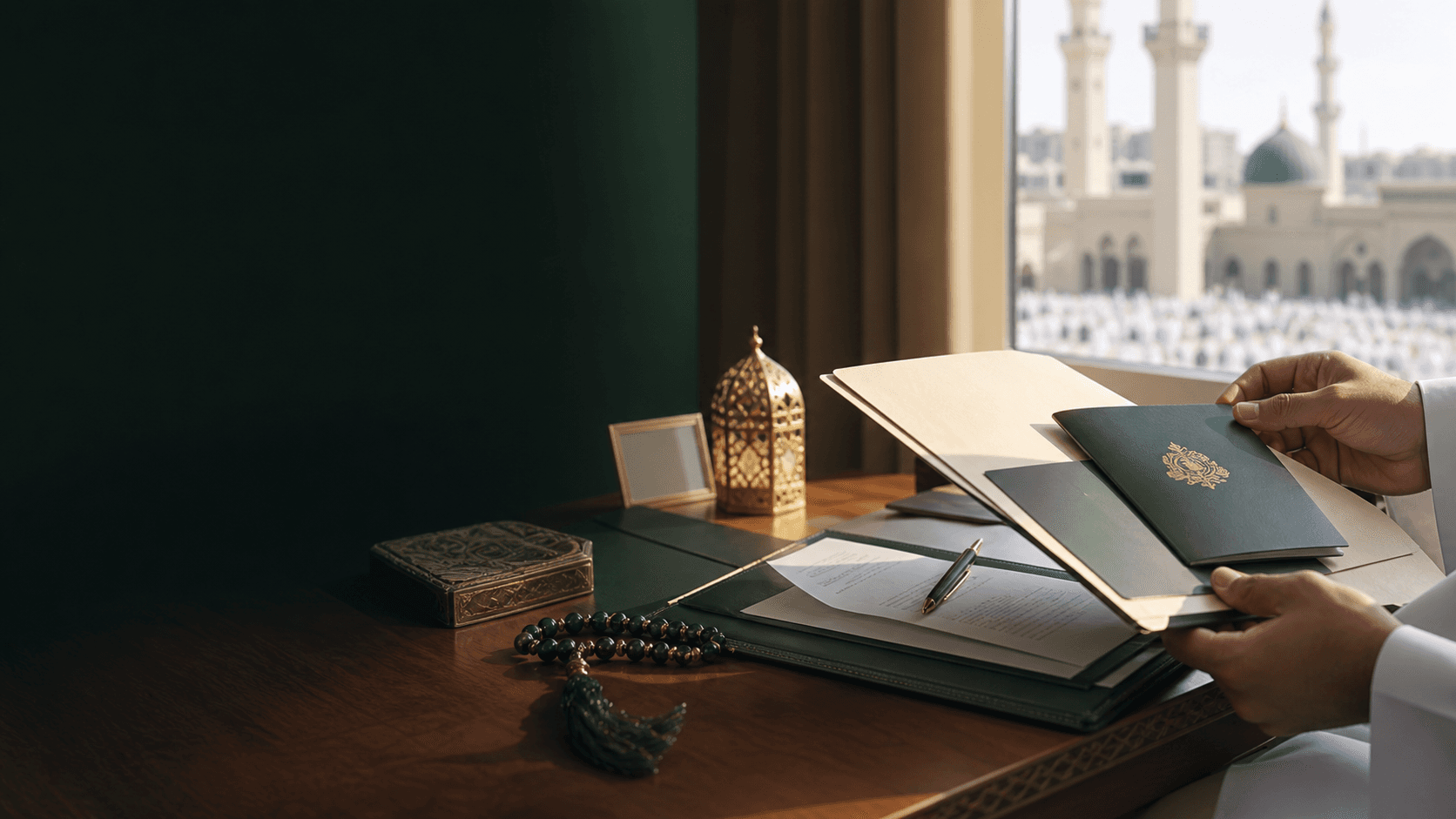 Hajj registration documents prepared on a travel agency desk
