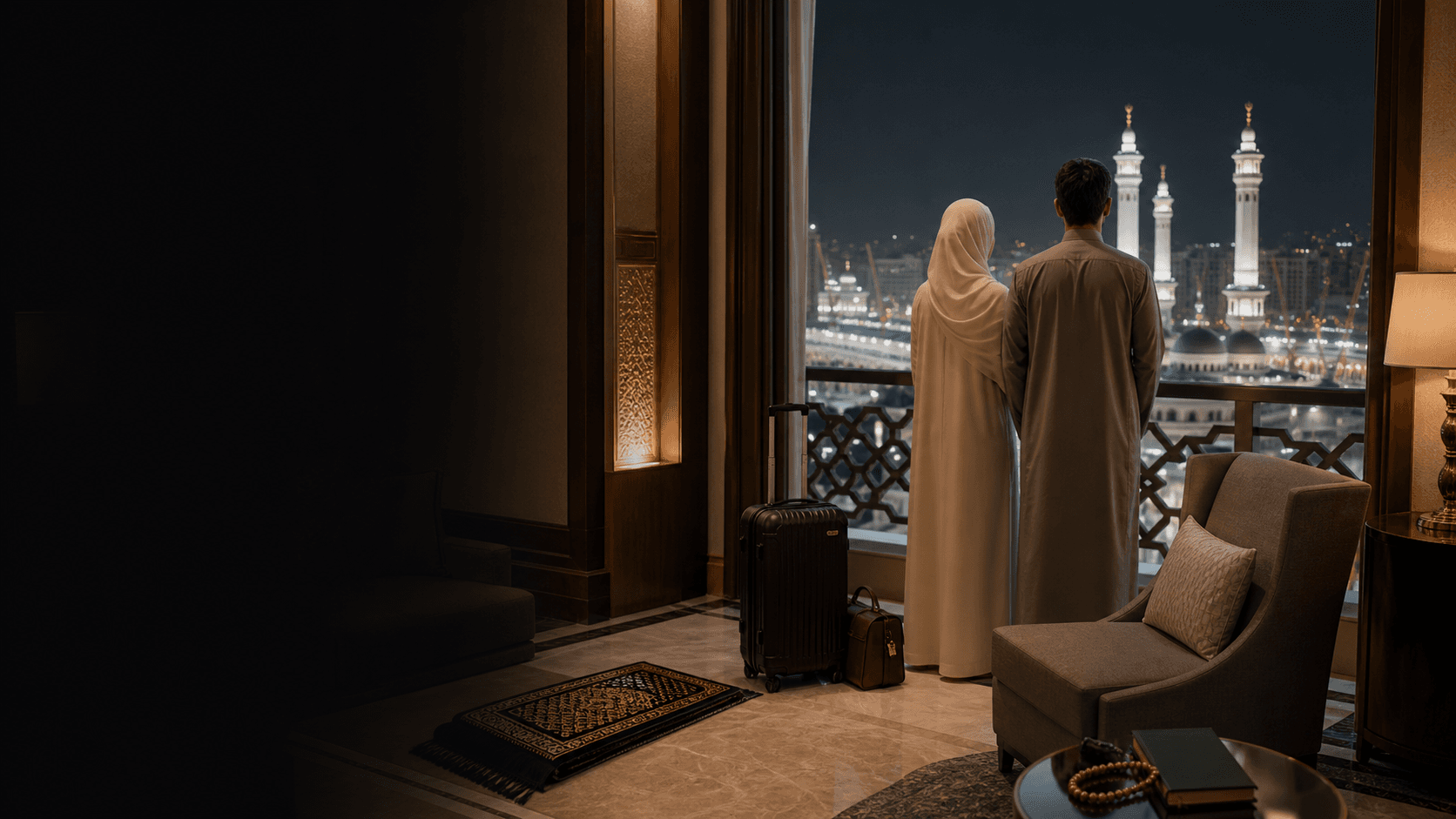 Premium Umrah travellers looking over Makkah from a private hotel suite