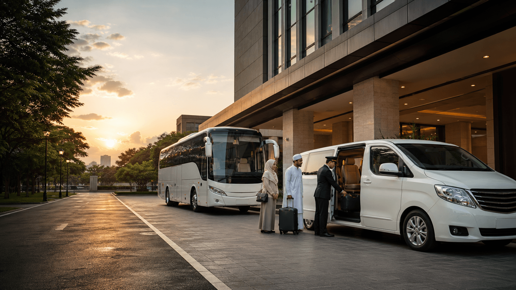 Private minivan and coach arranged for traveller transport at a hotel