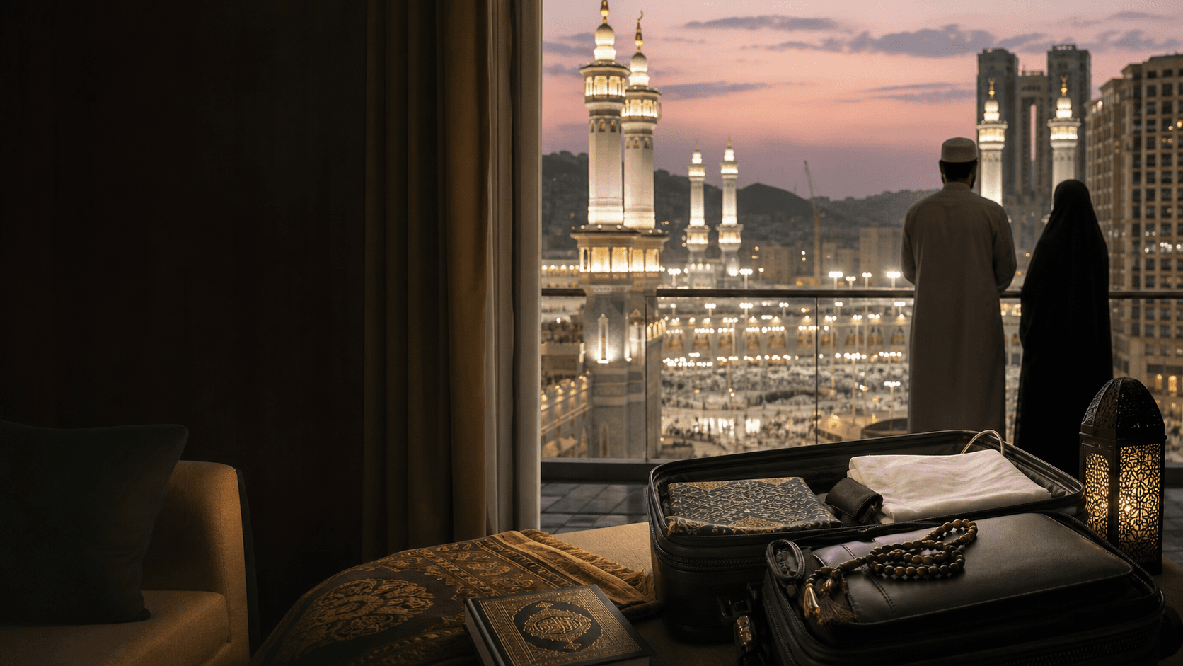 Umrah travel essentials in a hotel room overlooking Makkah