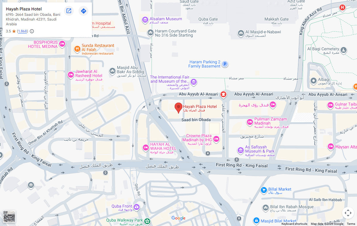 Google Maps screenshot showing Hayah Plaza Hotel in Madinah