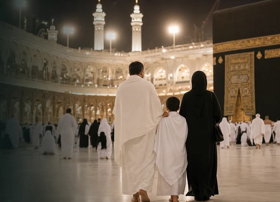 Family pilgrims at Masjid al-Haram during an Umrah journey